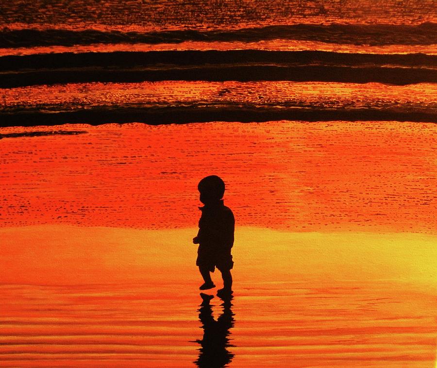 900x758 Little Boy At The Beach Painting By Victoria Rhodehouse - Beach Silhouette Painting