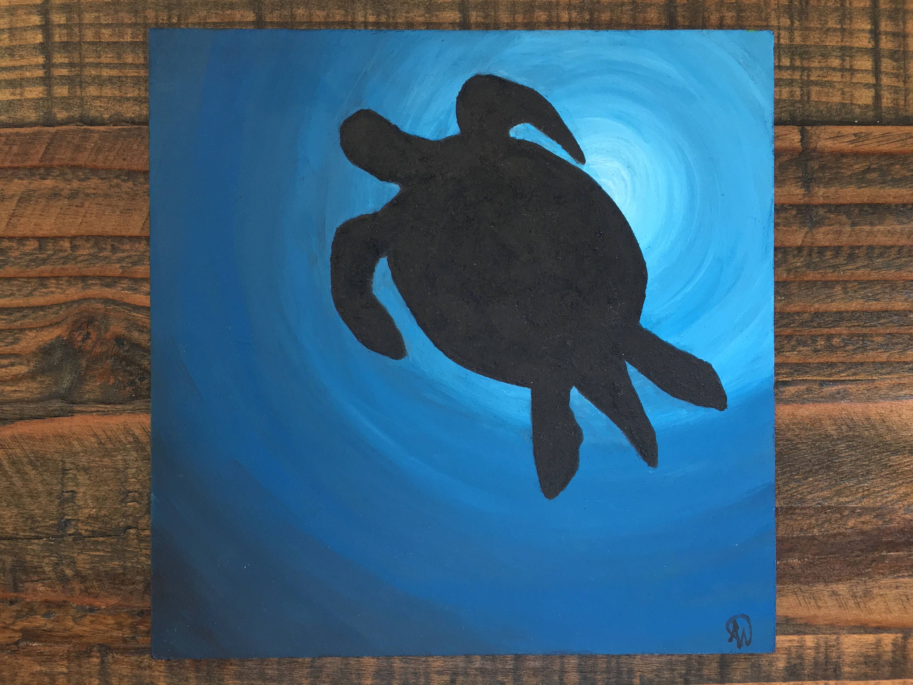 3000x2250 Sea Turtle Silhouette Swiming In The Blue Ocean Beach House Decor - Beach Silhouette Painting