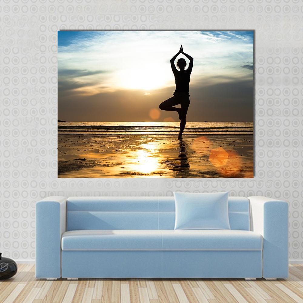 1000x1000 Silhouette Of A Woman Practicing Yoga On The Beach At Sunset Multi - Beach Silhouette Painting