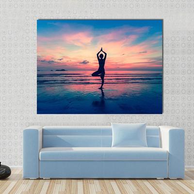 400x400 Silhouette Of Woman Standing At Yoga Pose On The Beach Multi Panel - Beach Silhouette Painting