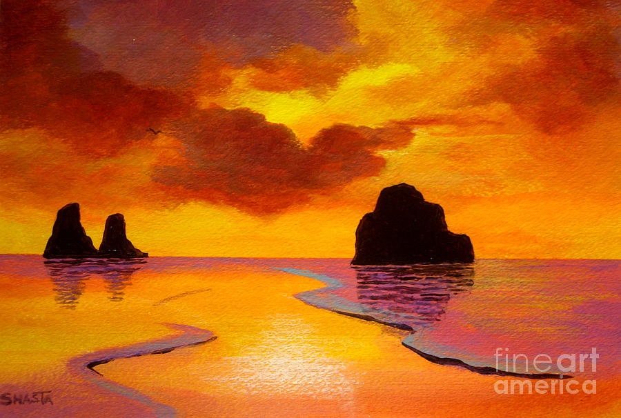 900x606 Sunset Beach Painting By Shasta Eone - Beach Silhouette Painting