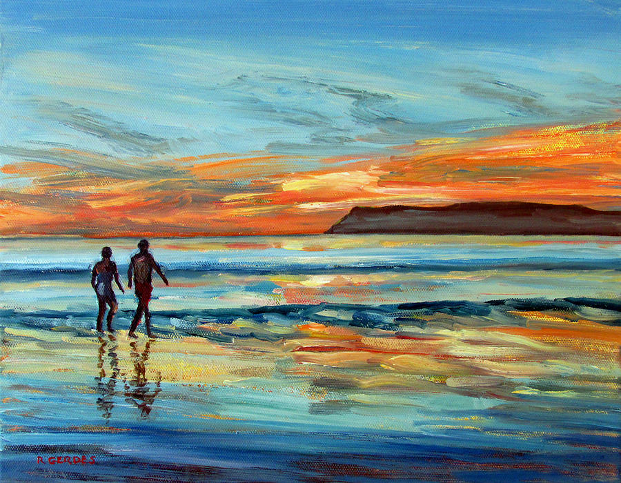 900x700 Sunset On Coronado Beach With Figures Painting By Robert Gerdes - Beach Silhouette Painting