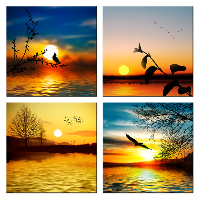 640x640 Sunset Silhouette Painting Canvas Prints Seascape With Flying Sea - Beach Silhouette Painting