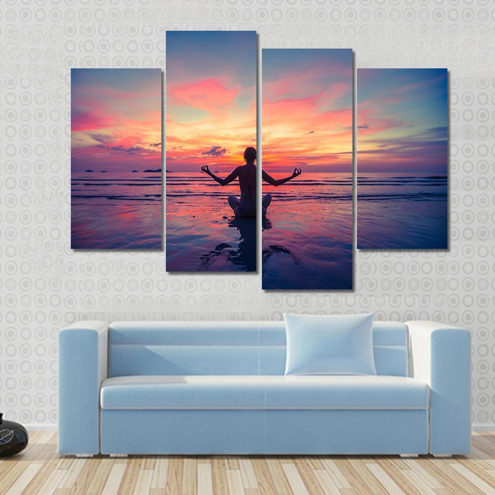 1000x1000 Woman Doing Meditation Near The Ocean Beach Yoga Silhouette Multi - Beach Silhouette Painting
