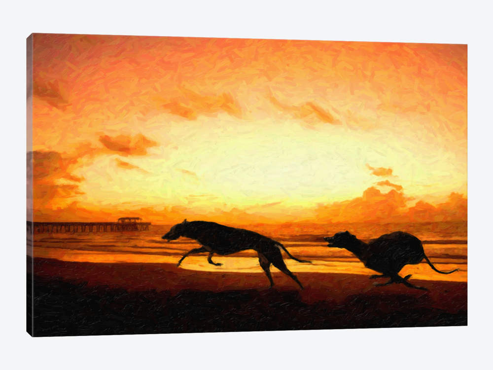 1000x750 Greyhounds On Beach - Beach Sunset Canvas Painting