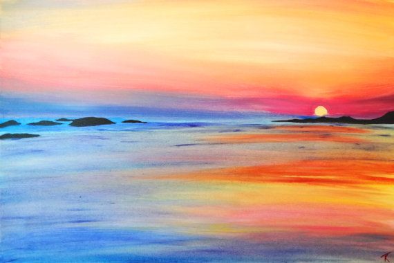 570x380 Hawaiian Sunset, An Original Painting On Canvas Of A Hawiian Beach - Beach Sunset Canvas Painting