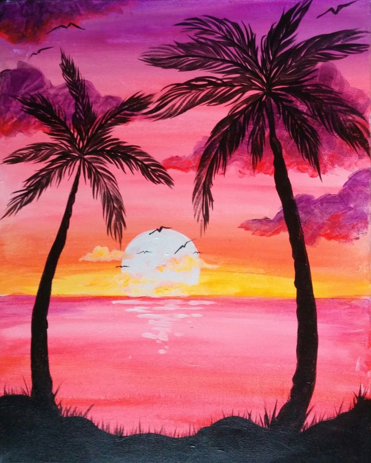 736x918 Large Zoom Image Paint Nite Palm, Sunset And City - Beach Sunset Canvas Painting
