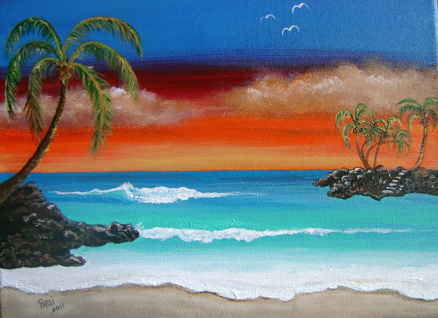 900x654 Beach Sunset With Palms Painting By Patsi Stafford - Beach Sunset Painting