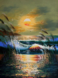 225x300 Beach Sunset With Seagulls, Original Seascape Handmade Oil - Beach Sunset Painting