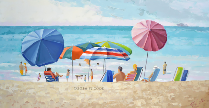 700x363 Beach Umbrellas Oil Painting Of An Ocean Beach View - Beach Umbrella Painting