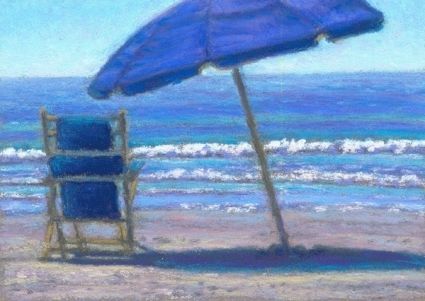 425x301 Miniature Pastel Chair And Beach Umbrella Original Art Painting - Beach Umbrella Painting