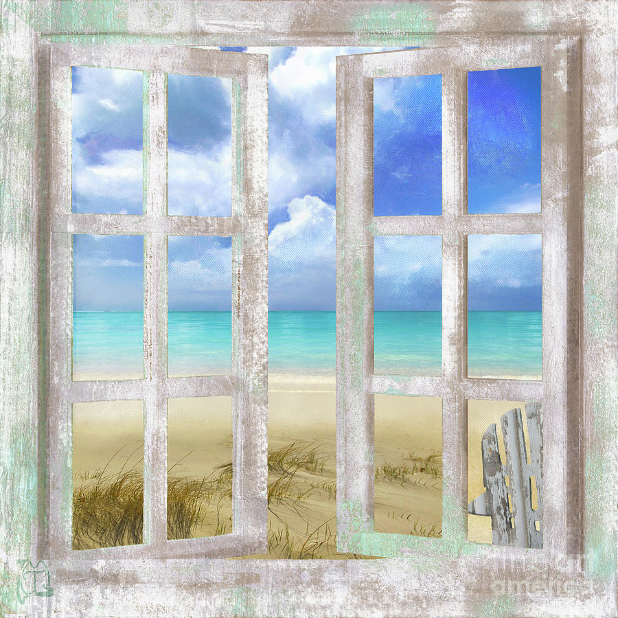 900x900 Caribbean Cottage Tropical Beach House Window, Coastal Art - Beach Window Painting