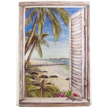 350x350 Driftwood Beach Window Wall Art - Beach Window Painting