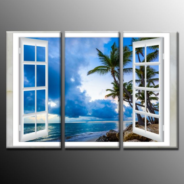 640x640 Framed Blue Beach Landscape Outside Window Wall Art Canvas - Beach Window Painting