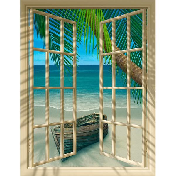 600x600 Tropical Beach Paradise Window Mural - Beach Window Painting