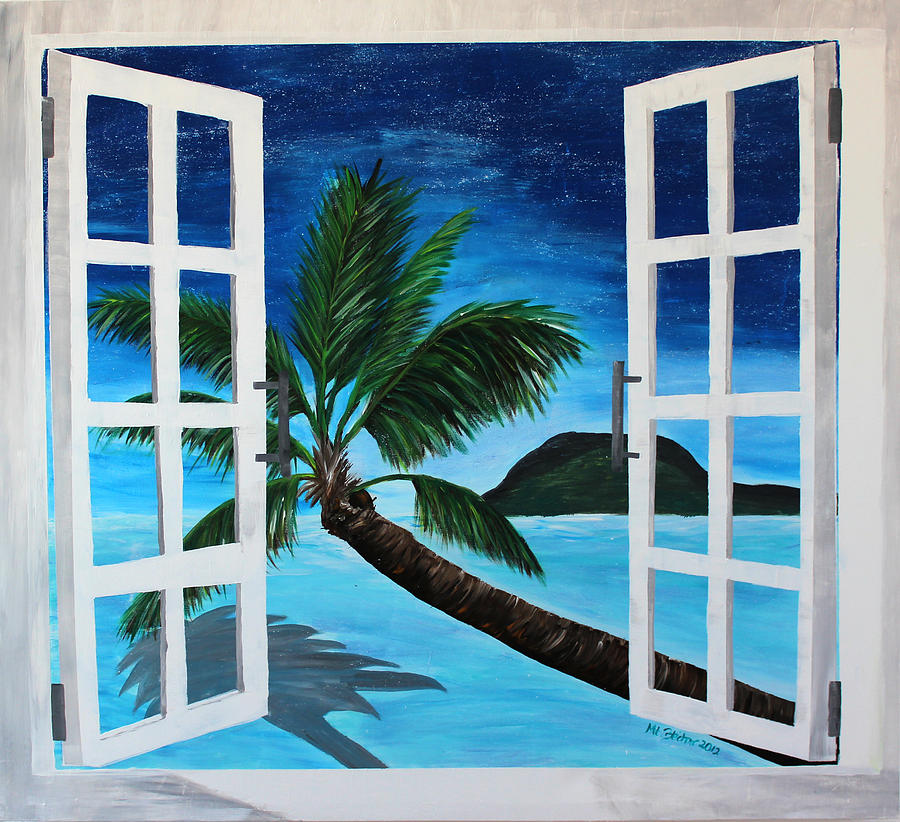 900x822 Window To Paradise Beach Painting By M Bleichner - Beach Window Painting