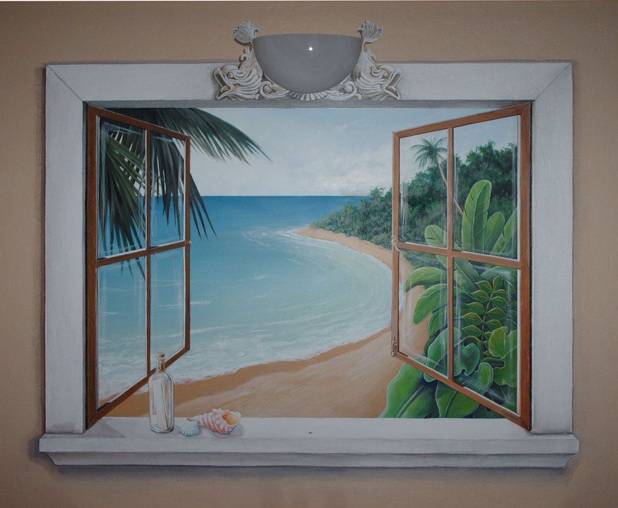 900x739 Mural Painting Of A Window Open Window Beach Mural By Zokman - Beach Window Painting