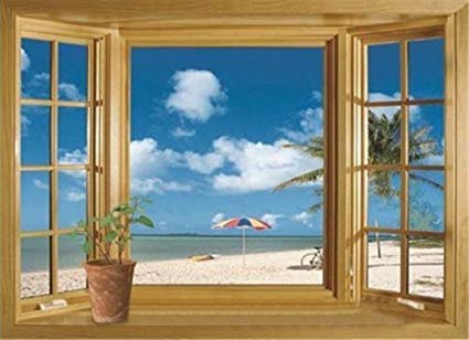 425x308 3d Beach Window View Removable Wall Stickers Vinyl - Beach Window Painting