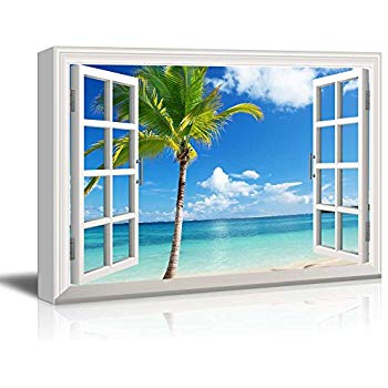 350x350 Canvas Print Wall Art - Beach Window Painting