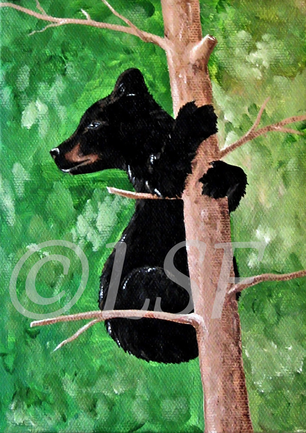 996x1412 Little Sticky Fingers Black Bear Cub In Tree, Painting Print - Bear Cub Painting
