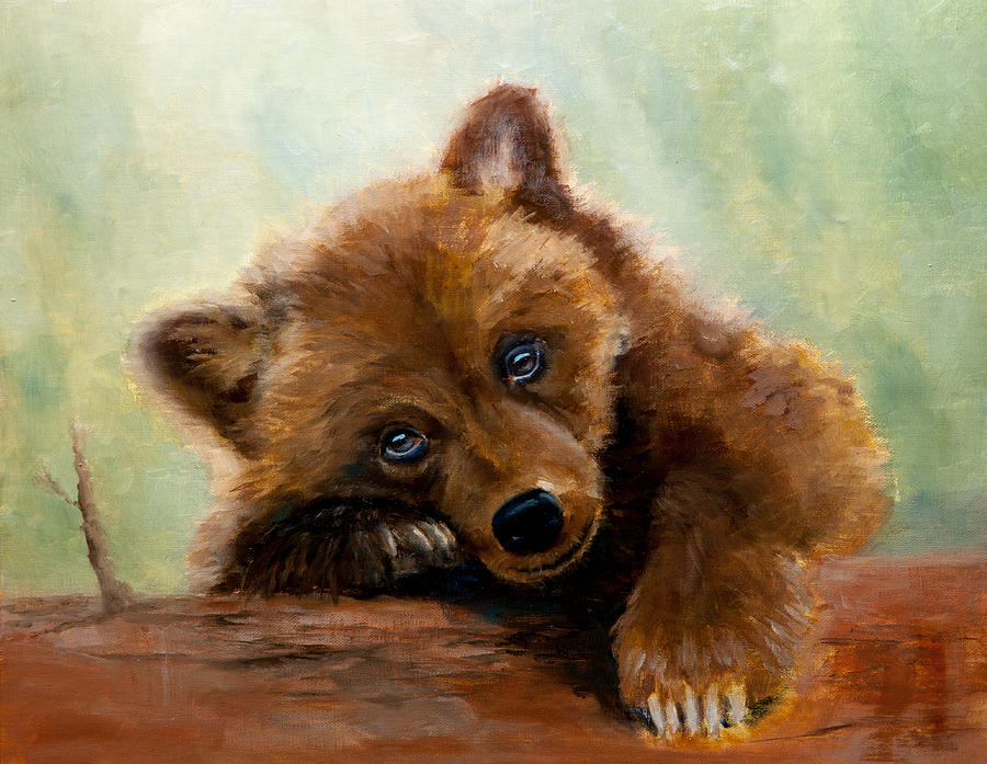 900x697 Bear Cub On Log Painting By Dan Twitchell - Bear Cub Painting