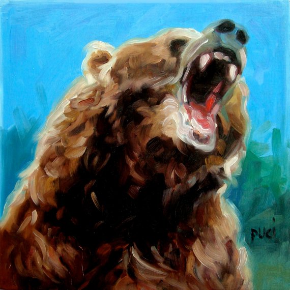 570x570 Growling Bear Oil Painting By Puci 8x8 Inches - Bear Oil Painting