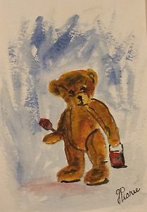 209x300 Teddy Bear With Paint Bucket Original Watercolor Painting Framed - Bear Watercolor Painting