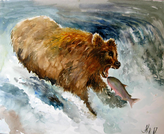 570x466 Woodland Animal Bear Watercolor Painting Wild Bear Paintings - Bear Watercolor Painting