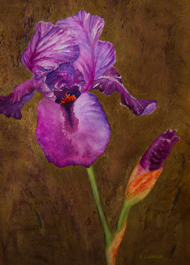 647x900 Purple Bearded Iris With A Gold Leaf Textured Background Painting - Bearded Iris Painting