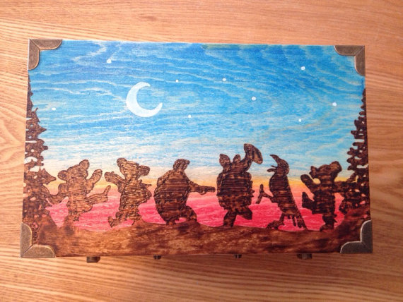 570x428 Grateful Dead Dancing In The Sunset Wood Burned Box - Bears Dancing In The Woods Painting