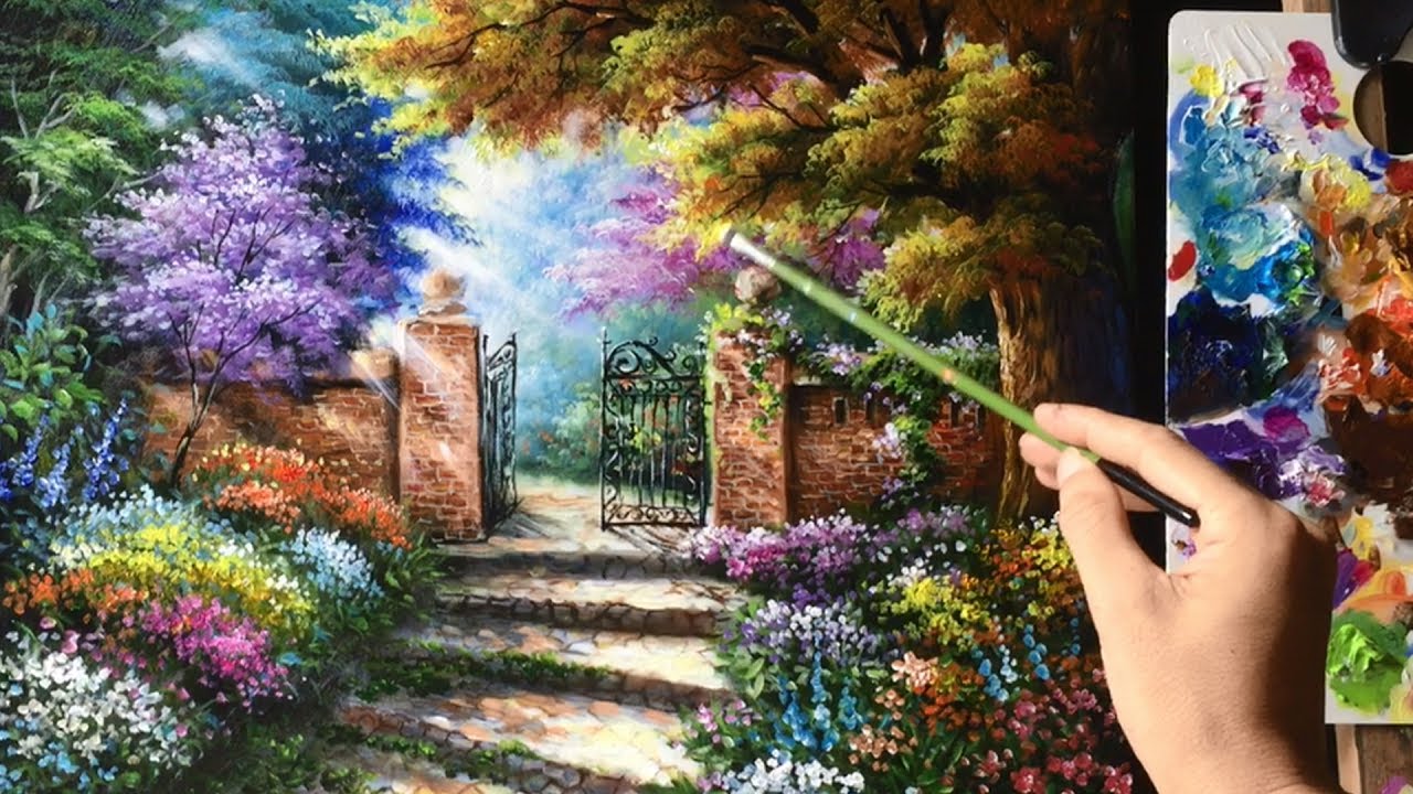 1280x720 Beautiful Garden Gate Acrylics Painting - Beautiful Acrylic Painting
