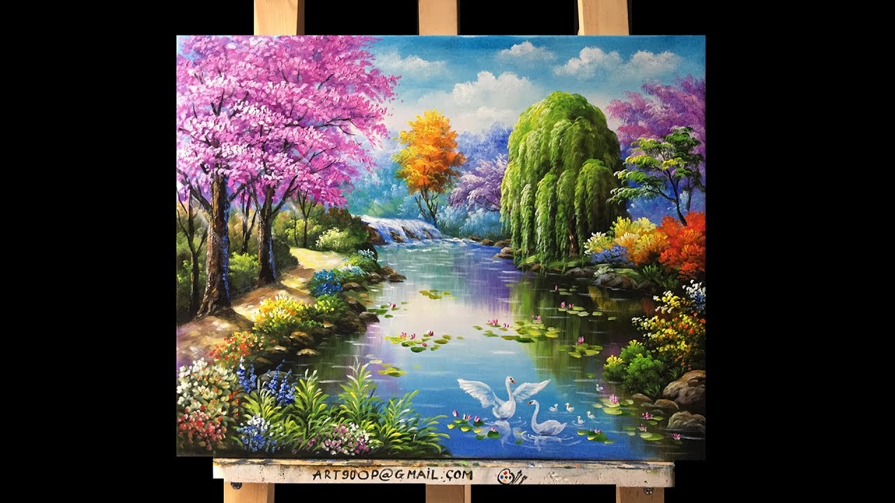 1280x720 Beautiful Gardens And Flowers Acrylic Painting - Beautiful Acrylic Painting