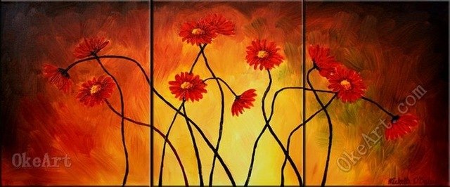 640x266 Red Daisies Oil Painting On Canvas Beautiful Artwork 3 Panel Wall - Beautiful Artwork Painting