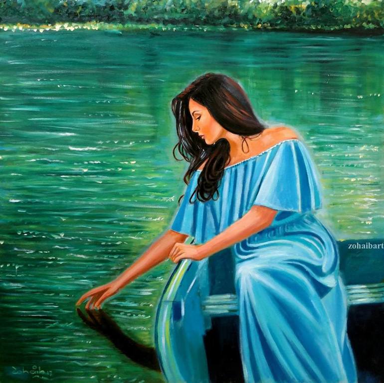 770x769 Saatchi Art Beautiful Girl In Calm Lake Painting By Zohaib Ahmed - Beautiful Girl Painting
