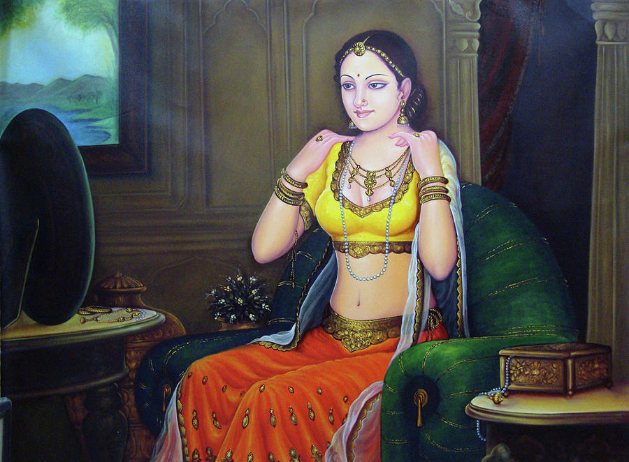 900x662 Beautiful Lady Queen Dressing Herself In Collectibles Art Indian - Beautiful Lady Painting