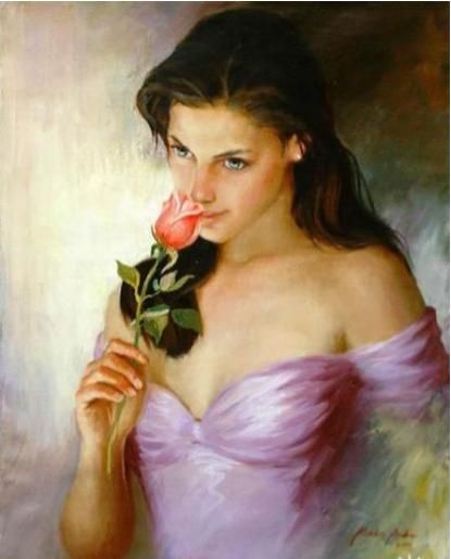 415x515 Beautiful Lady With Flower Female Portrait. Painting By Andrei - Beautiful Lady Painting