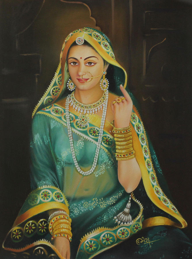 667x900 Beautiful Lady Pincess Woman Portrait Rajasthani Theme Oil - Beautiful Lady Painting