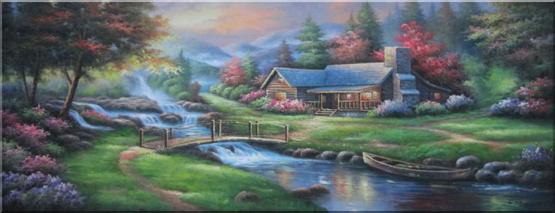 805x310 Small Bridge To Waterside Cottage With Colorful Flowers Beautiful - Beautiful Landscape Painting