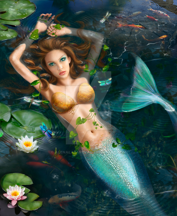 600x733 Beautiful Mermaid In Lake With Lilies By Alenalazareva - Beautiful Mermaid Painting