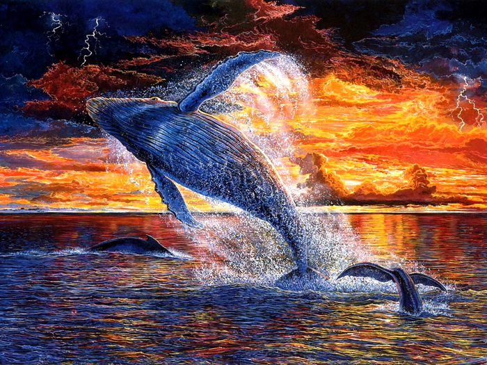 700x525 Whale Jump Sunset Sea Beautiful Painting Art Wall Print Poster Au - Beautiful Painting
