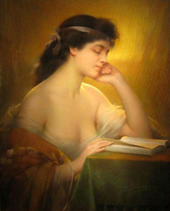 242x300 Oil Painting Beautiful Young Woman Reading Book In Evening Under - Beautiful Painting Woman