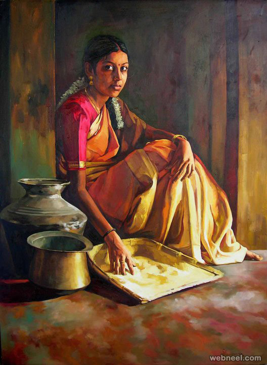 528x720 25 Beautiful Rural Indian Women Paintings By Tamilnadu Artist - Beautiful Painting Woman