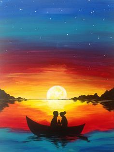236x314 Easy Canvas Painting Idea. Couple In A Boat - Beautiful Sunset Painting
