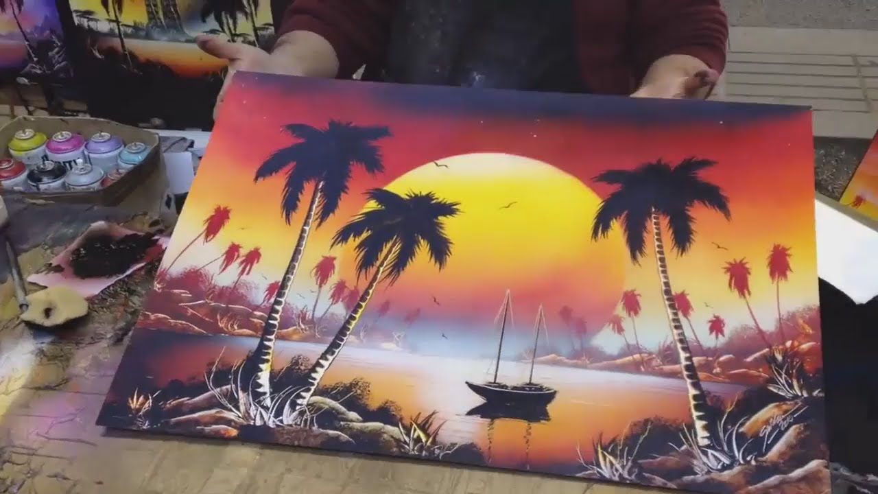 1280x720 Beautiful Sunset Painting With Spray Painting Speed Painting - Beautiful Sunset Painting