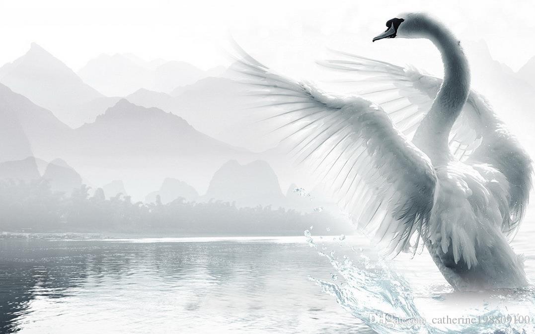 1077x673 New Custom 3d Beautiful Romantic Beautiful Swan Lake Tv Wall - Beautiful Swan Painting