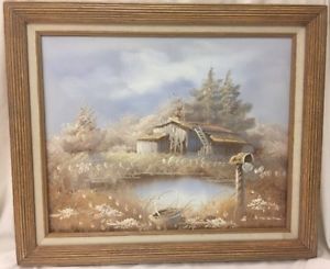 300x245 Beautiful Cabin In The Fields Oil On Canvas Painting Signed - Beautiful Swan Painting