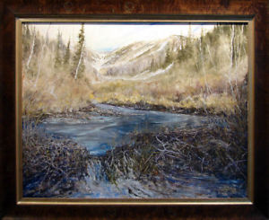 300x245 Dave Iles Beaver Dam Original Painting On Canvas, Custom Framed - Beaver Painting