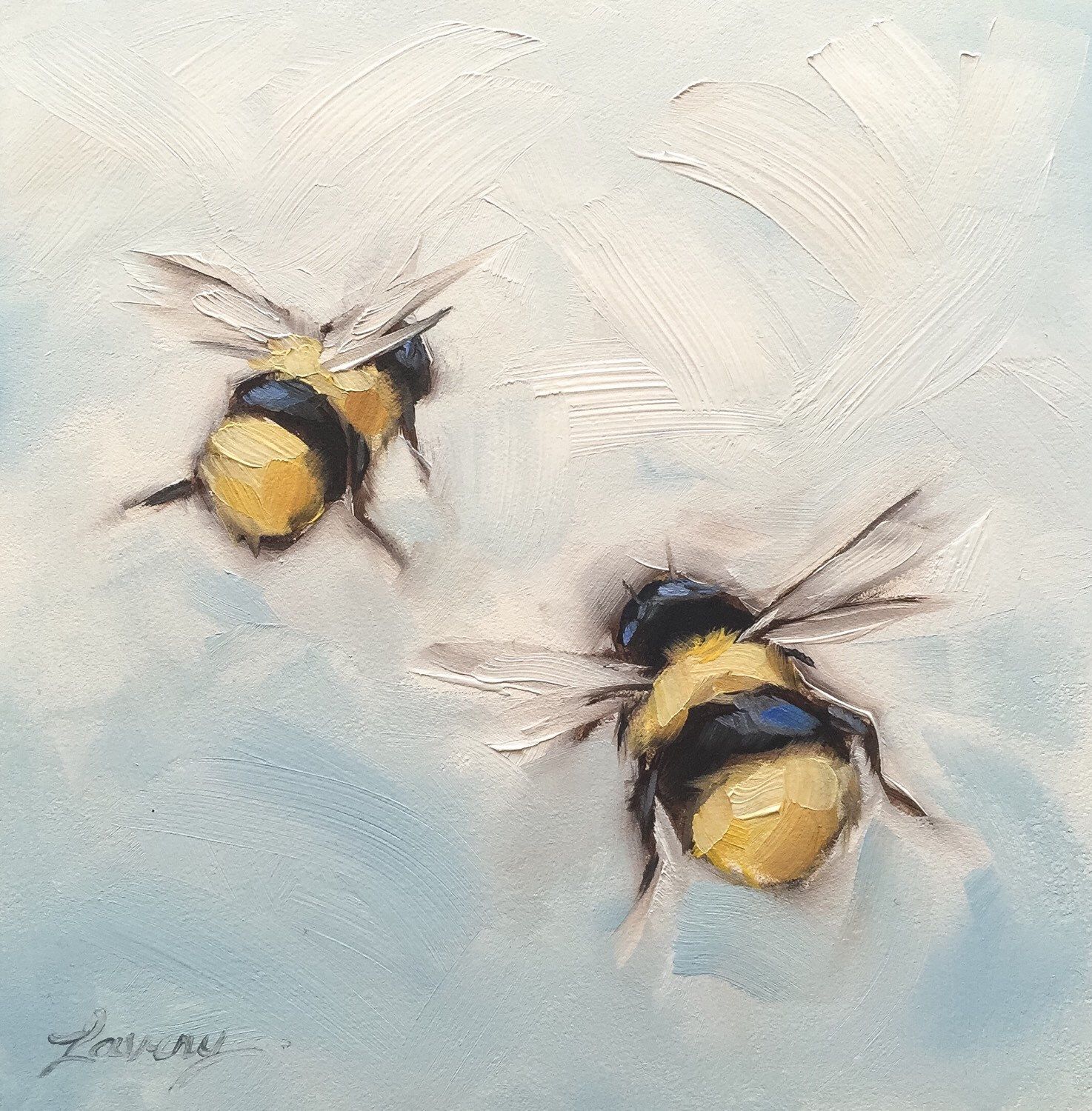 1474x1500 Bumblebee Painting, Original Impressionistic Oil Painting Of A Two - Bee Painting