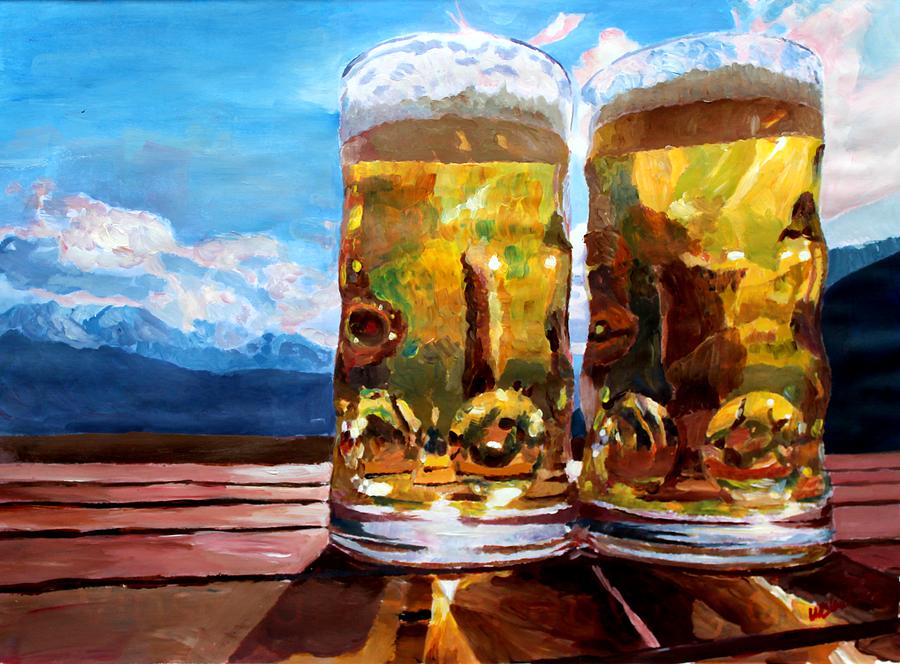 900x664 Two Glasses Of Beer With Mountains Painting By M Bleichner - Beer And Painting