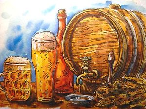 300x225 Watercolor Painting Barrel Beer Bottle Glass Barley Malt Hop Drink - Beer Painting